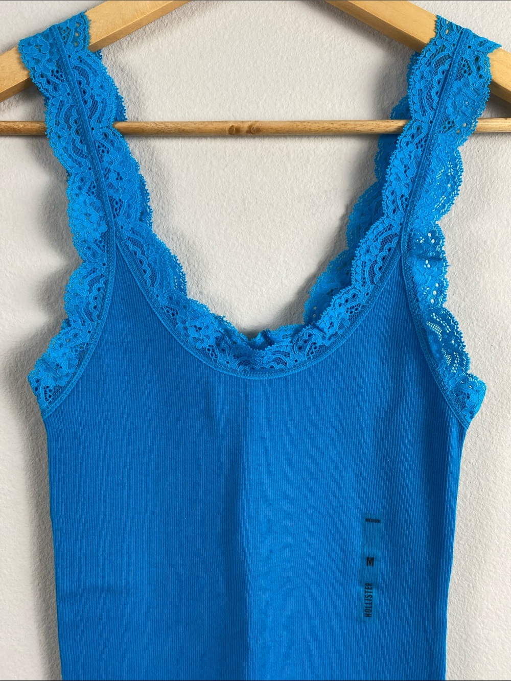Hollister Lace Embroidered Ribbed Camisole/Tank Top | Aqua Blue - Picture 3 of 14